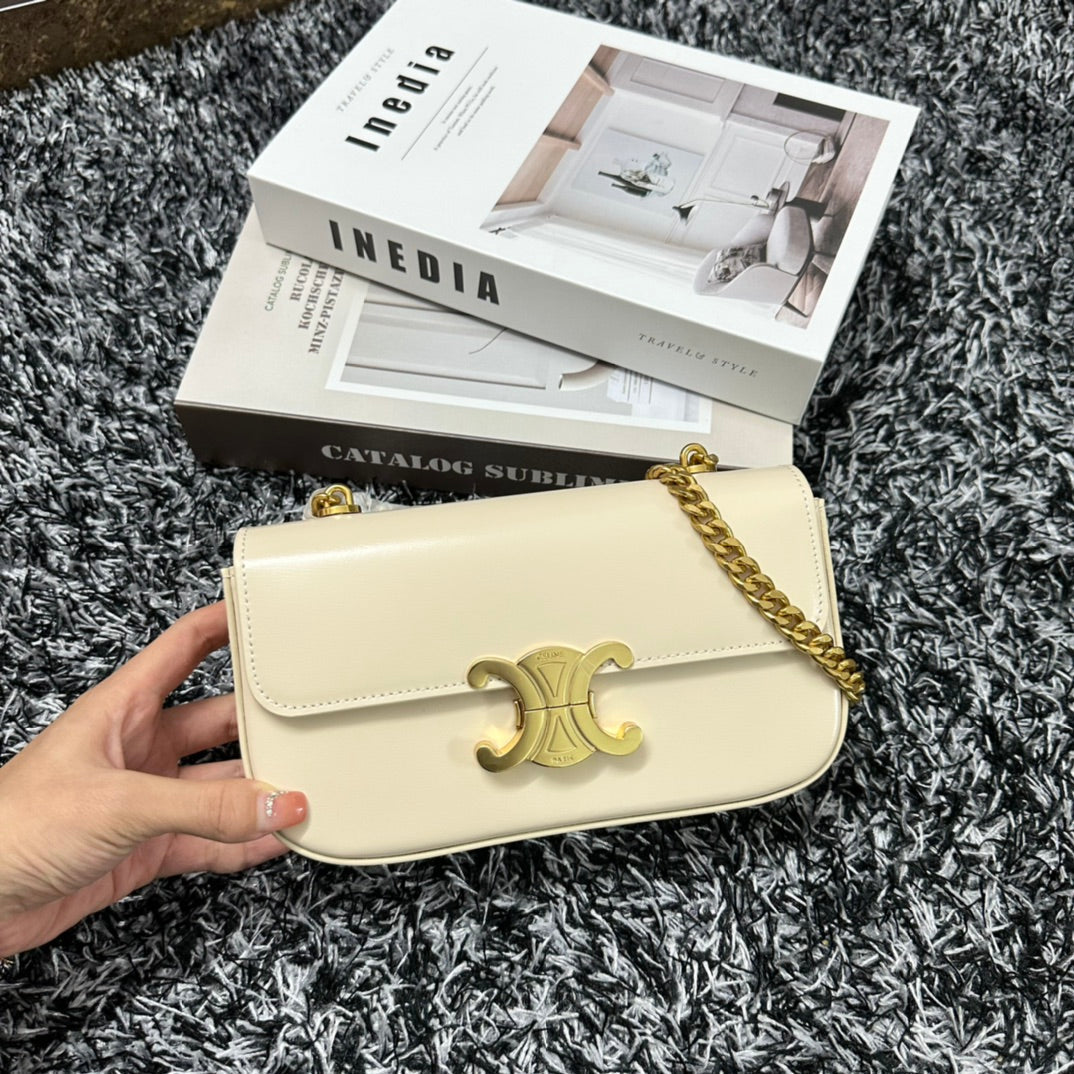 CELINE TRIPHOME 20 WHITE COWHIDE LEATHER CHAIN STRAP BAG