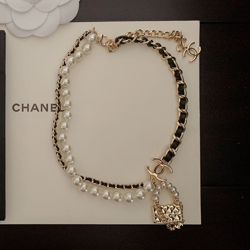 18K  Chanel Pearl Leather Bag Pendant Necklace