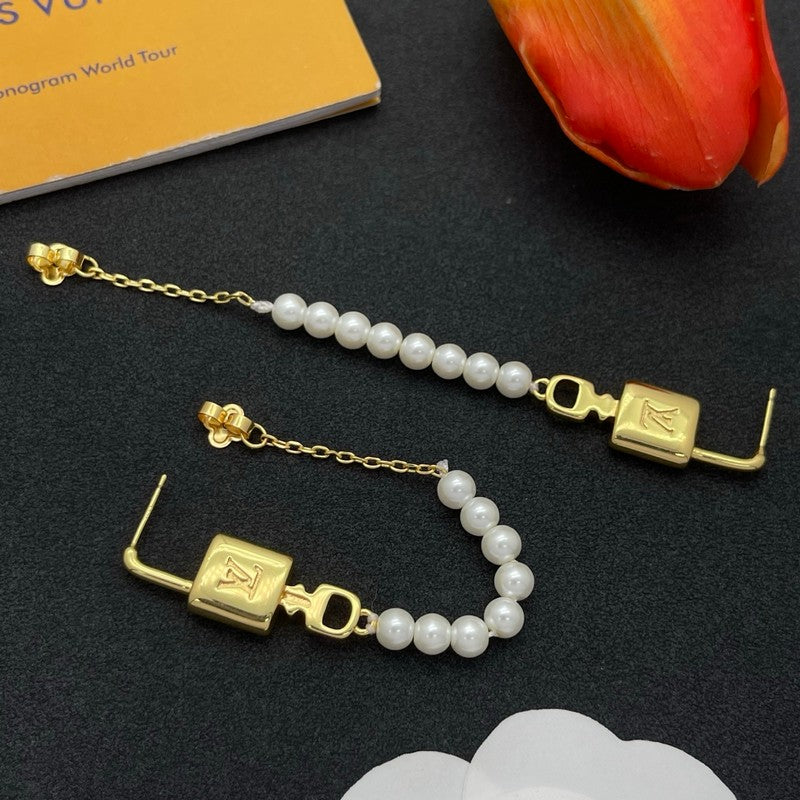 18K Louis Vuitton Pearl Lock Gold Earrings