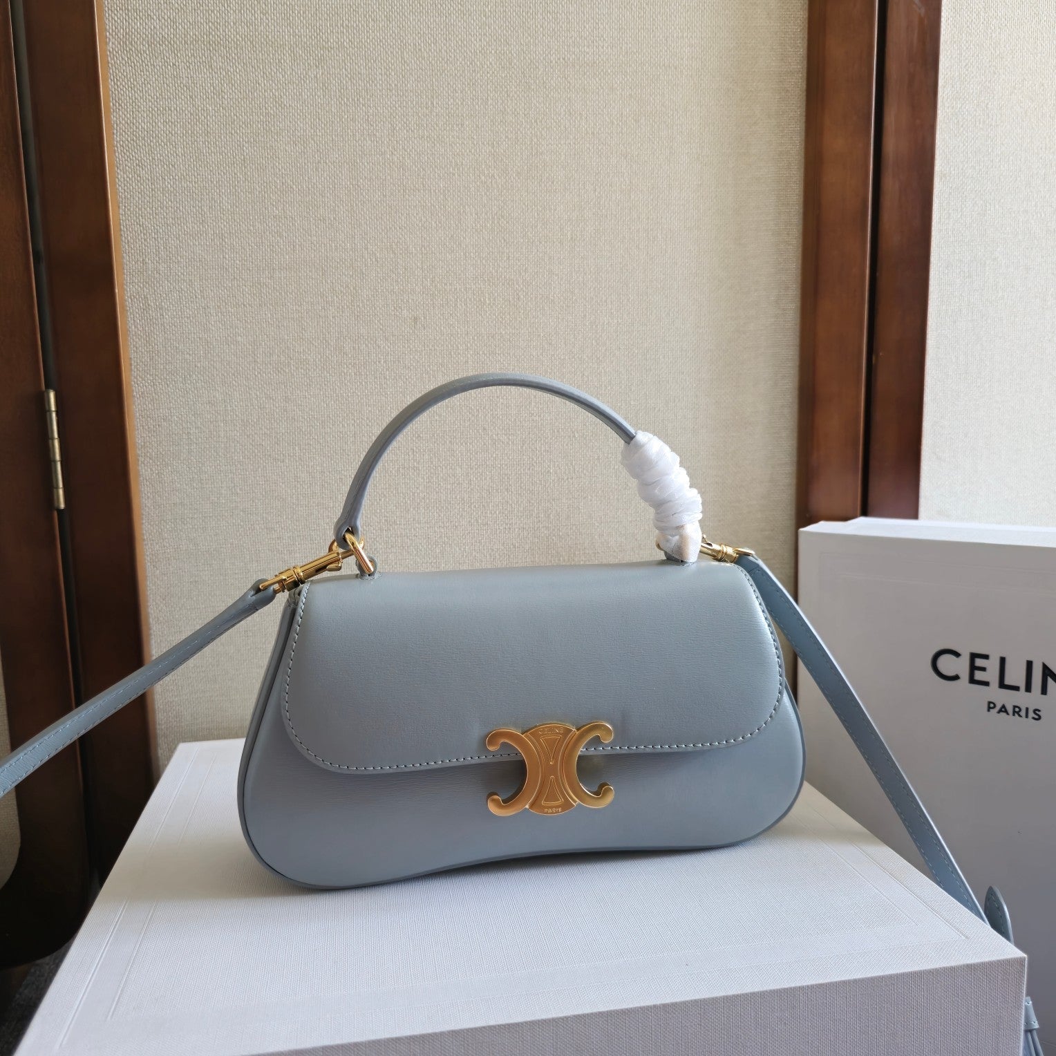 CELINE TEEN LOLA TRIOMPHE BAG 20 IN COOL GRAY BLUE CALFSKIN