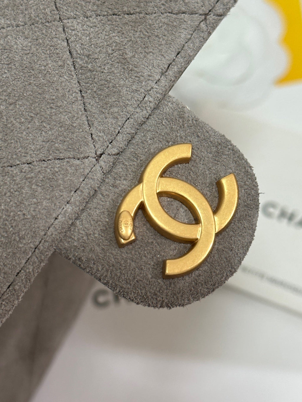 CHANEL 25 HANDBAG 30 IN NATURAL GREY SUEDE GOLD HARDWARE